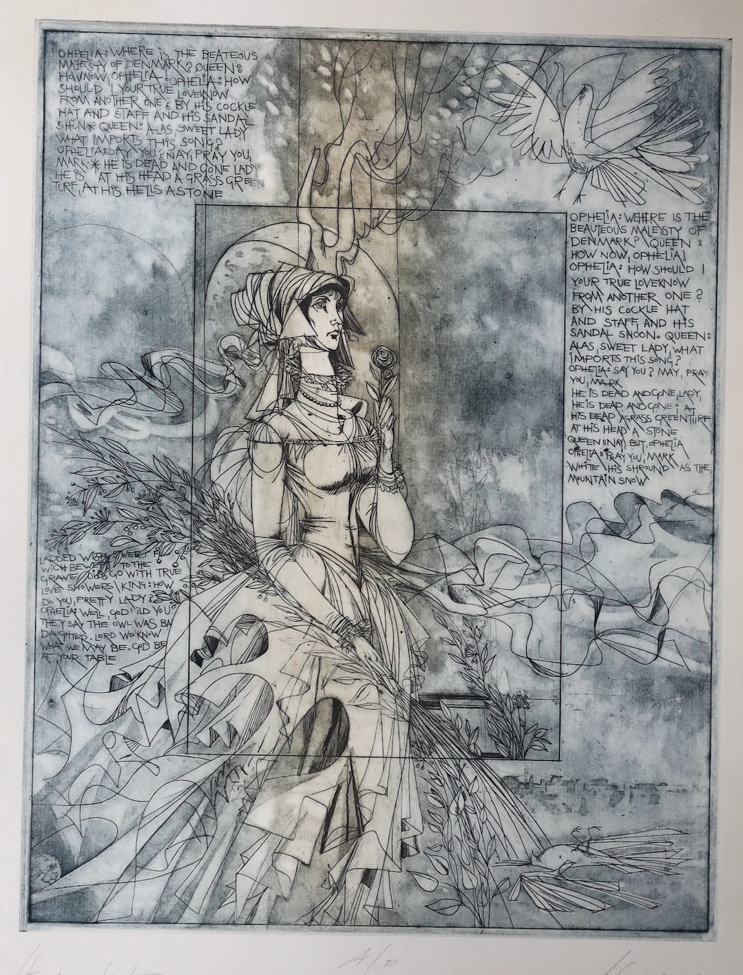 János Kass (Hungarian, 1927-2010), two etchings, from the series ‘Hamlet’, both signed, A/P, 36 x 28cm, together with an accompanying Bankside gallery poster ‘Graphic Art from Hungary’ 1982, (3)